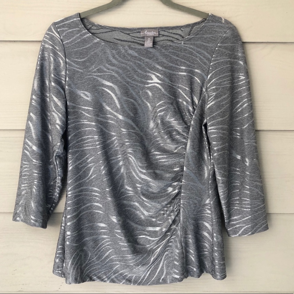 Chico’s Traveler’s Metallic Silver Zebra Print Top
